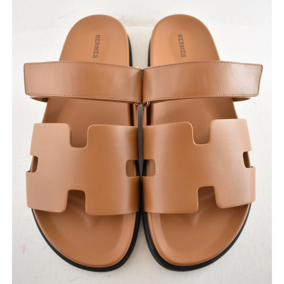 Hermes Chypre Sandal Mens Naturel Brown Gold Leather H Logo Slide Flat 45 12 - Picture 6 of 13
